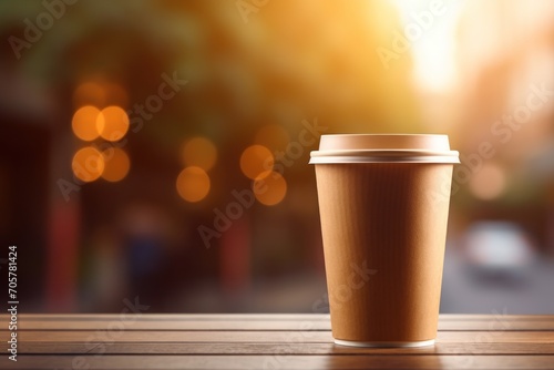  a cup of coffee sitting on a wooden table in front of a blurry background of a street and a building with traffic lights on the other side of the road.