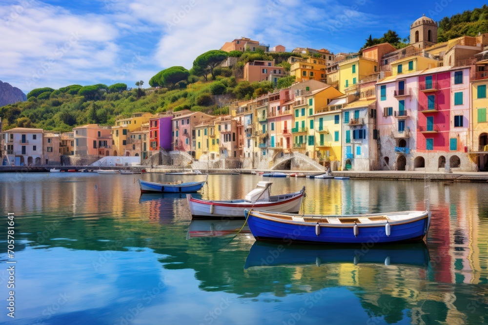  a group of boats floating on top of a body of water next to a lush green hillside covered in colorfully colored buildings on a hill side of a body of water.