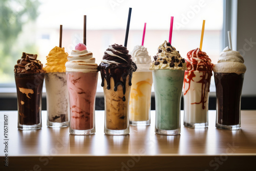  a row of ice cream sundaes with chocolate, vanilla, and sprinkles on top of each of the sundaes in front of a window sill. photo