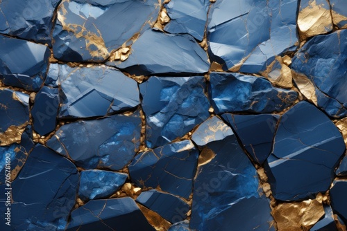  a close up of a blue and gold wall with a pattern of small pieces of glass in the middle of the wall and gold foil on the bottom half of the wall.