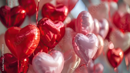 Red heart shaped balloons on stylish background. Valentine's Day concept