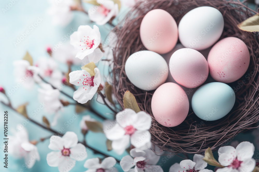 Easter nest with eggs in pastel blue and pink colors on a blue background