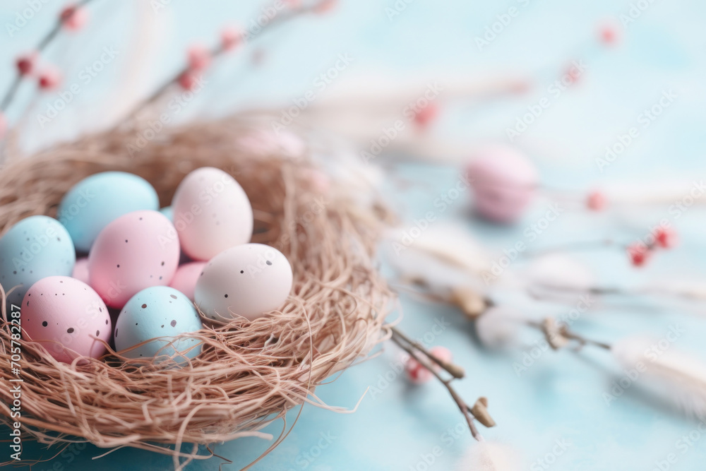Easter nest with eggs in pastel blue and pink colors on a blue background Easter nest with eggs in pastel blue and pink colors on a blue background