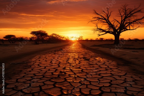 The impact of climate change through a concept of drought. Cracked mud stretches beside a drying river. The image is a stark reminder of environmental challenges.