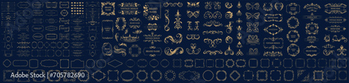 Set of gold vintage frame and corners icon. Vector illustration.