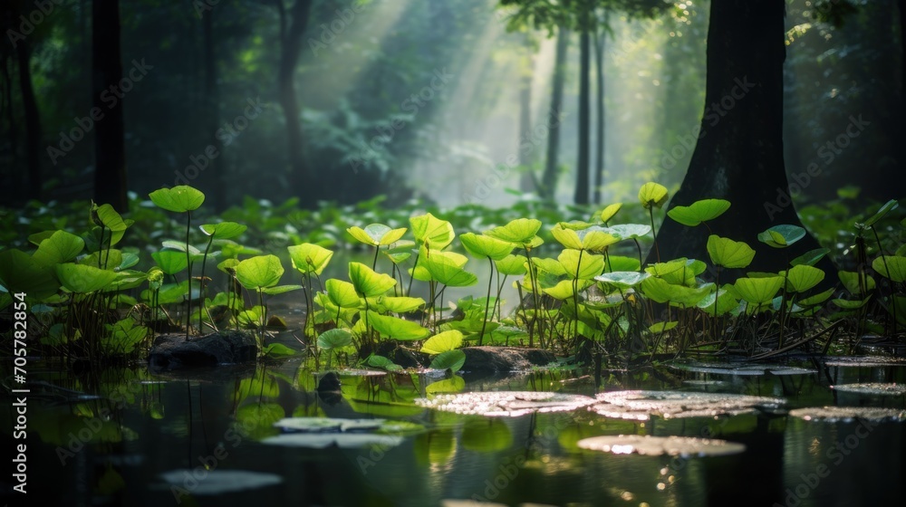  a forest filled with lots of green plants next to a forest filled with lots of water lilies and a light shining through the leaves of the trees in the distance.