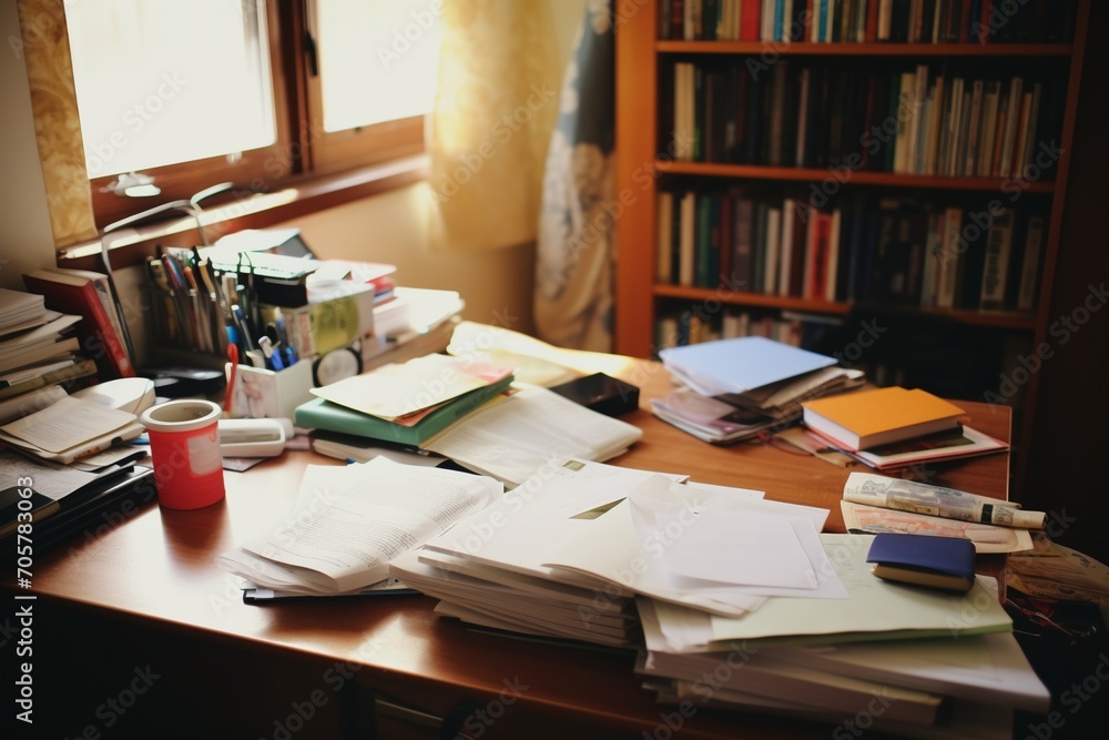 Messy office desk with lots of papers and books on it. Messy office desk with lots of papers and books on it.