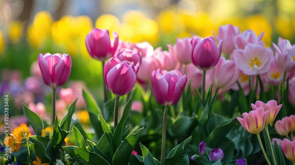 Pink Tulip flowers bloom in spring, displaying beautiful colors and radiating freshness.
