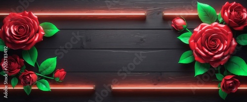 Wallpaper Mural Wood Plank Background Wallpaper, 3D Render Red Rose with Neon Lights, Copy Space, Web Banner, Valentine's Day, Mother's Day, Women's Day Torontodigital.ca