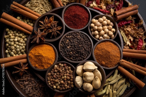 Variety of Indian chai spices. Top view photo
