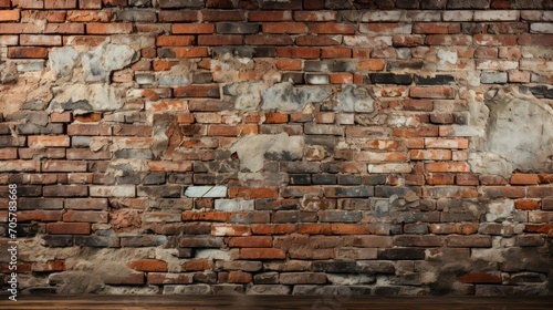  a brick wall with a wooden floor in the foreground and a wooden floor in the foreground, with a brick wall in the background, and a wooden floor in the foreground. photo