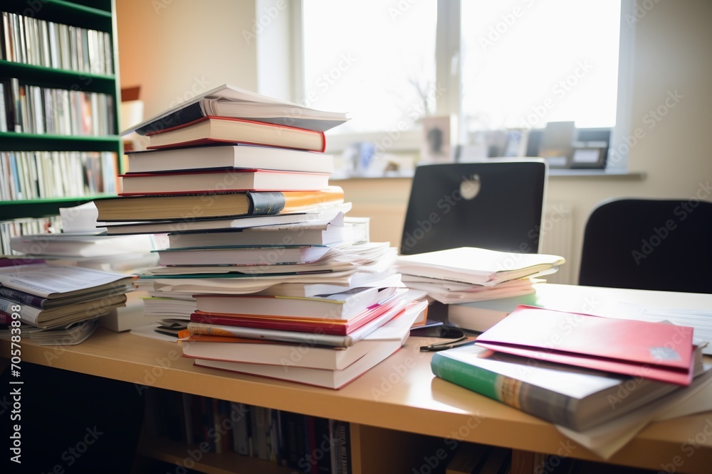 Stack of books on the library supervisor's desk, Education and learning concept. Stack of books on the library supervisor's desk, Education and learning concept.