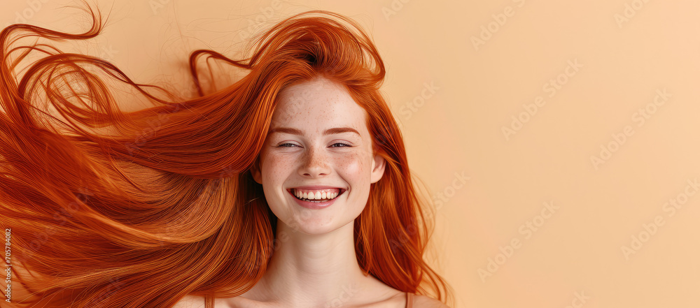 Smiling young happy woman with red long groomed hair isolated on flat pastel peach background with copy space. Perfect orange hair care products banner template, hair salon. Smiling young happy woman with red long groomed hair isolated on flat pastel peach background with copy space. Perfect orange hair care products banner template, hair salon.