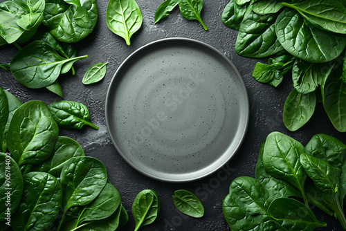 Frame made of spinach leaves and plate on white surface. Spinach leaf background. Creative food concept. Flat lay, top view 