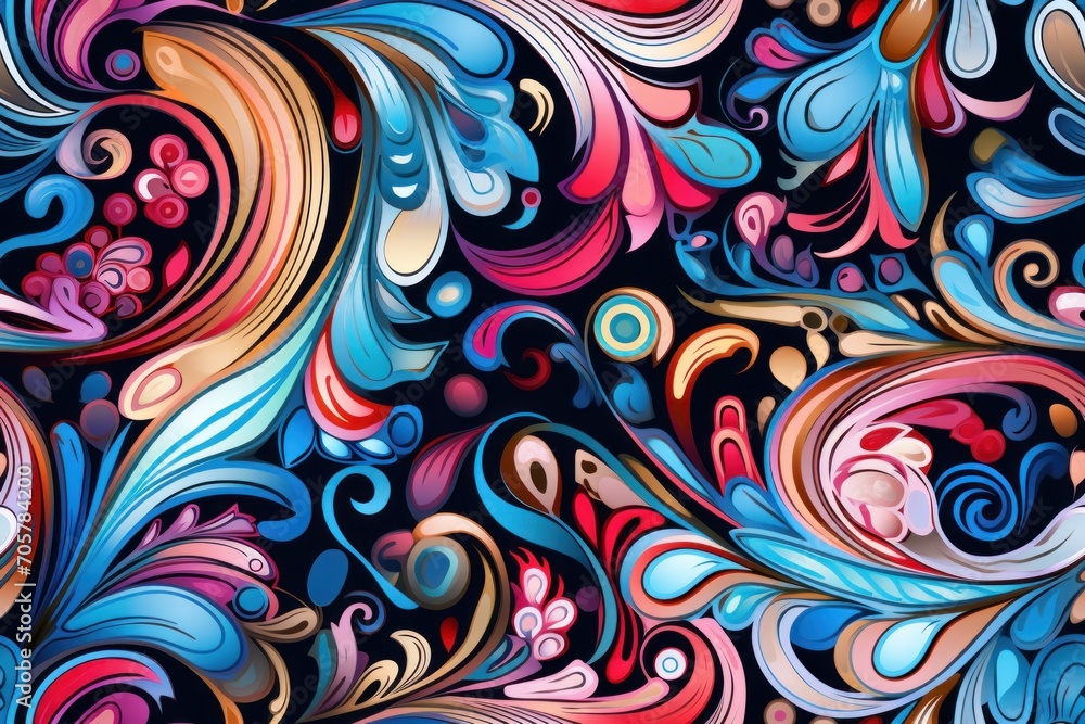 a painting of colorful swirls and shapes on a black background with red, pink, blue, yellow, orange, and white swirls on the bottom half of the image. a painting of colorful swirls and shapes on a black background with red, pink, blue, yellow, orange, and white swirls on the bottom half of the image.