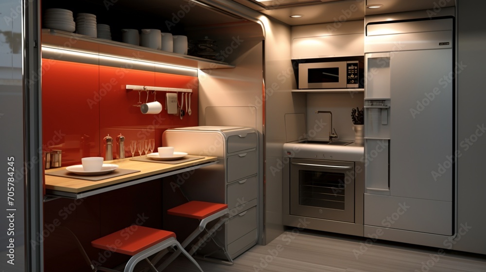 A compact and efficient container home kitchen, with high-tech appliances, under-cabinet lighting, and a fold-down dining table. A compact and efficient container home kitchen, with high-tech appliances, under-cabinet lighting, and a fold-down dining table.