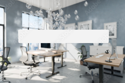 transparent text box in front of modern minimalistic pc workspace in luxurious loft office and panoramic view; remote work home office concept; bright daylight; 3D rendering