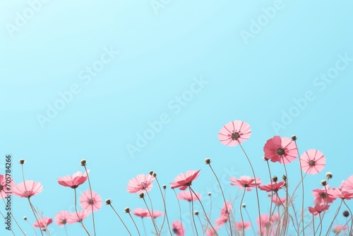  a group of pink flowers on a blue sky background with a few stems sticking out of the top of the flowers and the bottom of the stems in the foreground. © Nadia