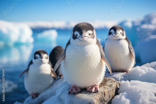  a group of penguins sitting on top of a rock next to a body of water with icebergs in the back ground and a blue sky in the background.
