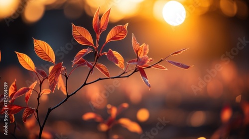  a close up of a branch with leaves in the foreground, with the sun in the background, and a blurry background of a blurry background of leaves.
