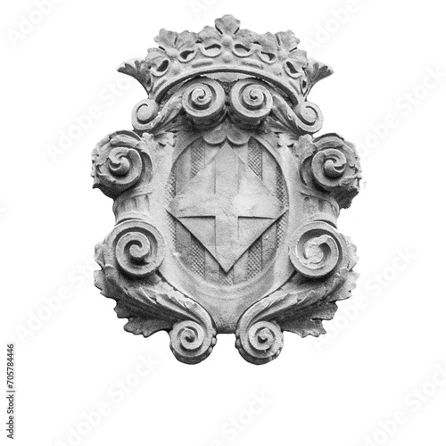 Ornamental carved stone emblem isolated png. Old building relief on Barcelona street on white background © Natalya Nepran