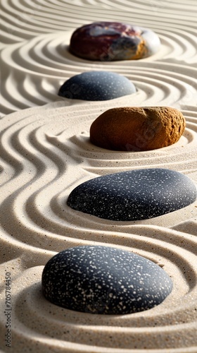 Japanese garden. Grey  Black smooth stones laid on Sand waves. Zen. Meditation. Concept balance  peace  calm  harmony. Minimalism. Relax. Spa atmosphere. Natural background. Copy space. Ai art