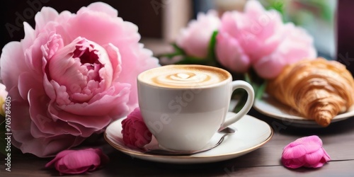 A cup of cappuccino and a croissant and peonies on a table in a cafe