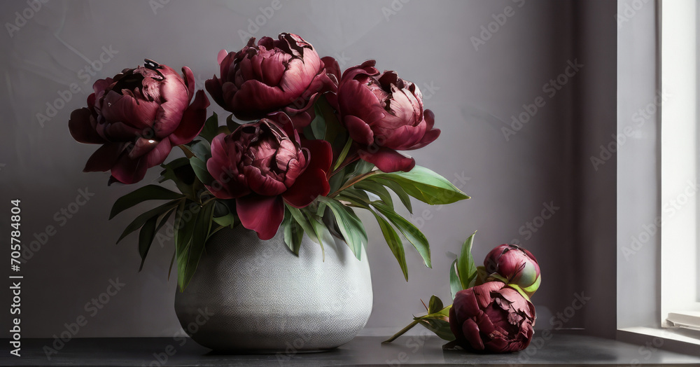 Wine peonies stand in a gray vase on a gray background