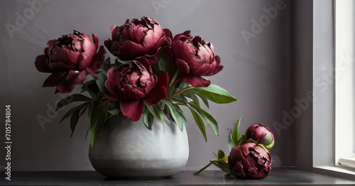 Obraz na płótnie Wine peonies stand in a gray vase on a gray background w salonie
