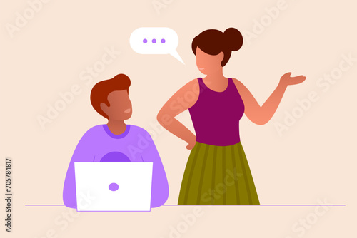 Illustration vectorielle de deux personnes travaillant sur un ordinateur et discutant