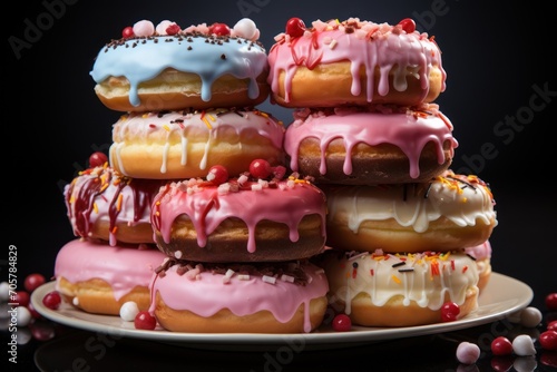  a pile of doughnuts sitting on top of a plate covered in frosting and sprinkles on top of a table next to cranberries.