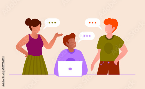 Illustration vectorielle de trois personnes discutant et travaillant sur ordinateur