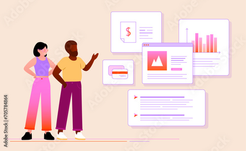 Illustration vectorielle d’un homme et d'une femme discutant et faisant une présentation pour le travail