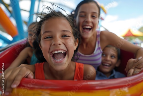 A family on a rollercoaster consisting of a mother and two children, enthusiastic, candid, Generative AI.