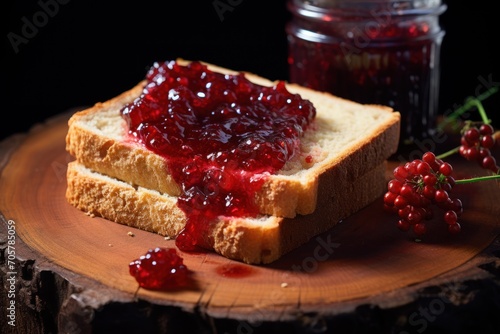  a piece of bread with jam on it sitting on a wooden plate next to a jar of jam and a branch of red berries on a wood slice of wood.