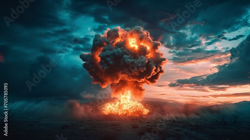 A nighttime nuclear detonation shock wave and stormy sky with a nuclear fungi in the backdrop, Generative AI. photo