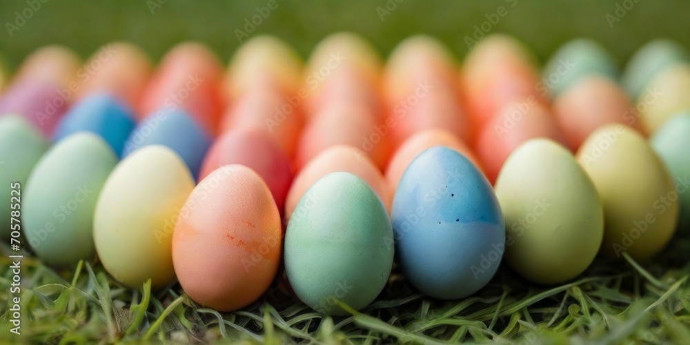 Easter eggs with different colors lie on the grass before Easter Easter eggs with different colors lie on the grass before Easter