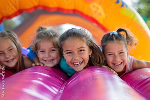 A jubilant bunch of children enjoying the inflatable bounce house, colorful, Generative AI.