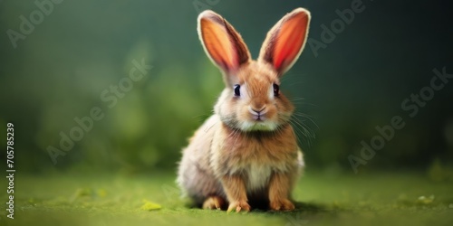 Drawn small beige rabbit on green grass