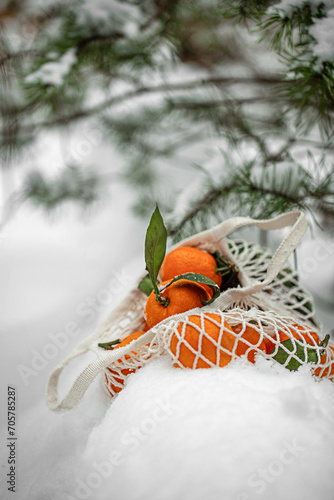 tangerines in a net on the snow in the forest