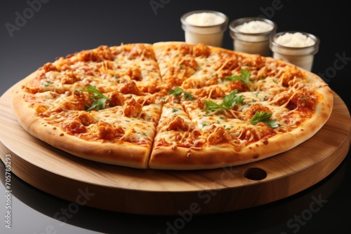  a pizza sitting on top of a wooden platter on top of a table next to a cup of coffee and two cups of ice cream on the side of the table.
