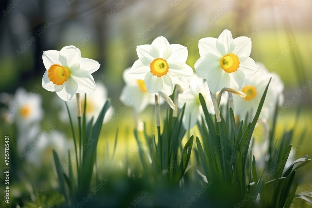 a group of white daffodils in a field of green grass with the sun shining through the daffodils and the grass in the foreground. a group of white daffodils in a field of green grass with the sun shining through the daffodils and the grass in the foreground.