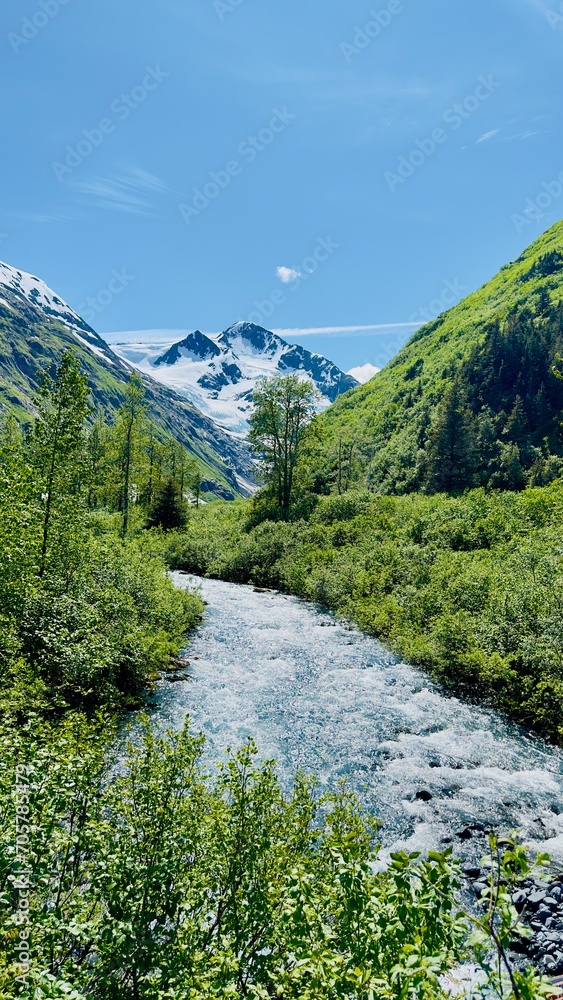 Fototapeta premium Glacier and river flowing through green valleys under a bright blue sky in Alaska. Snow-capped peaks rise in the distance. Concept of Nature, Outdoor, Wilderness, Scenic, Adventure.
