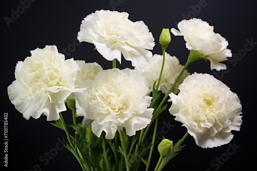  a bunch of white carnations are in a vase on a black background with the stems still attached to the stems and the flowers still attached to the stems.