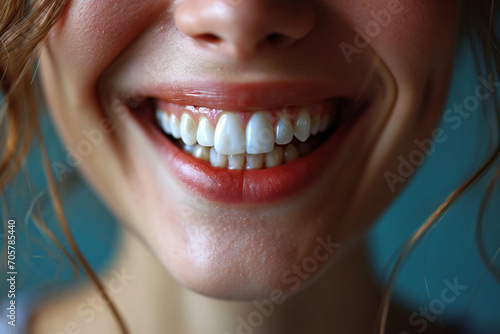 beautiful white smile on blue background, dental style photo 