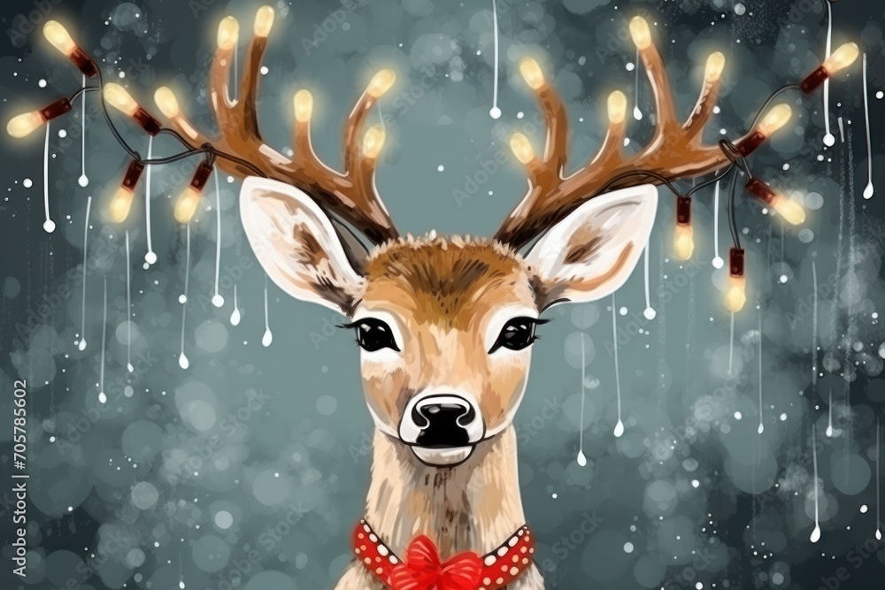 a painting of a deer wearing a red bow with christmas lights on it's antlers on a gray background with snow falling down on the ground behind it. a painting of a deer wearing a red bow with christmas lights on it's antlers on a gray background with snow falling down on the ground behind it.
