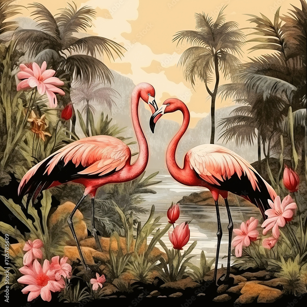 Fototapeta premium Vintage wallpaper with pink flamingos among tropical plants, landscape on a light brown background