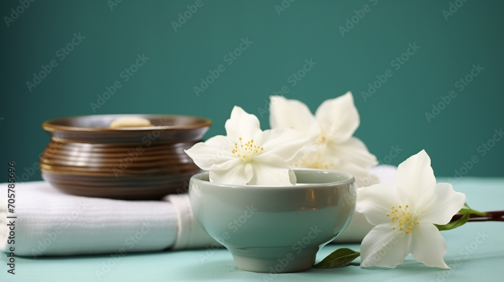 spa setting with towel and flower