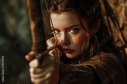 A deadly female assassin with a bow and arrow who is both attractive and evil, Generative AI. photo