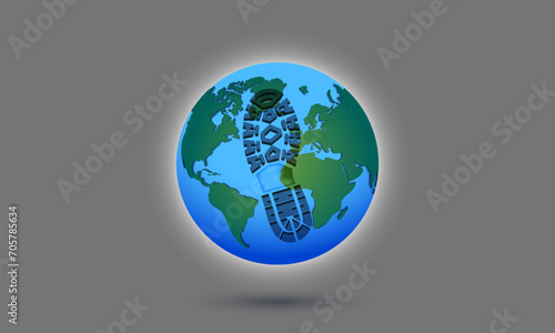 Vector 3D planet Earth with an imprint of the sole of a military boot. Glowing atmosphere. Political poster. Gray background.